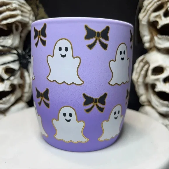 Cobwebs & Cauldrons Halloween Purple Ombre White Ghost Black Bow Coffee Mugs - Picture 4 of 12